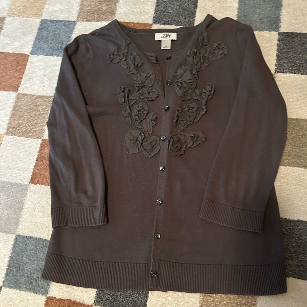 LOFT Women's Charcoal Cardigan with Floral Details